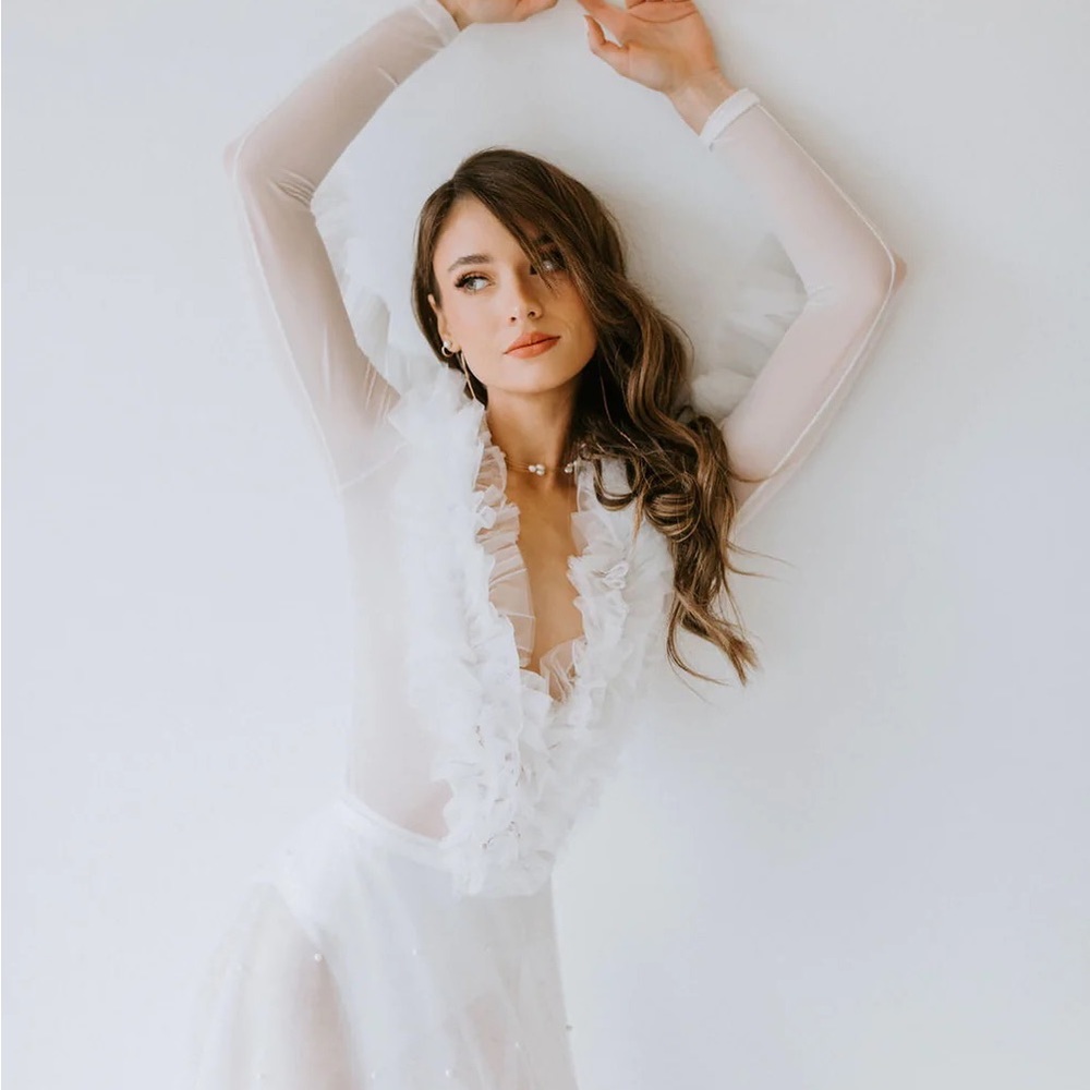 Untamed Petals - White Mesh Ruffled Bodysuit Size L